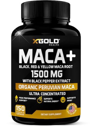 X Gold HealthOrganic Maca Root Powder Capsules 1500mg with Black Red Yellow Peruvian Maca Root Extract Gelatinized Energy Mood Supplement for Men Women Black Pepper for Best Benefits