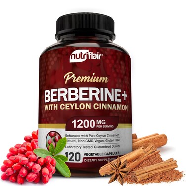 NutriFlair Premium Berberine HCL 1200mg 120 Capsules  Plus Pure True Ceylon Cinnamon Berberine HCI Root Supplements Pills  Immune System  yields an Optimal 8 Berberine