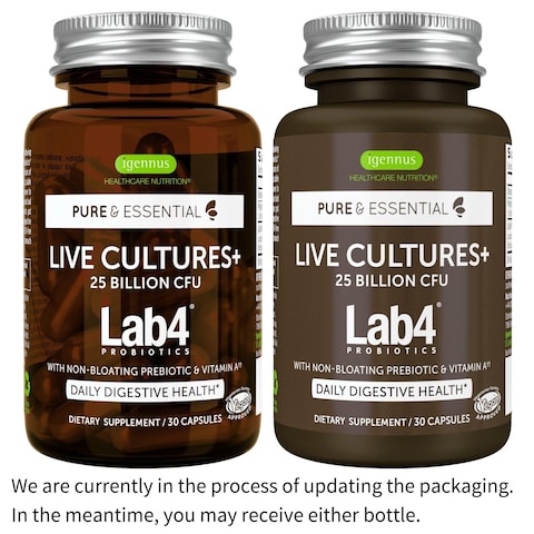 Live Cultures Lab4 Probiotics  Prebiotic Vegan NonGMO Lactobacillus Acidophilus  Bifidobacterium Guaranteed 25 Billion CFU NonBloating Gut Health Support 30 Capsules by Igennus