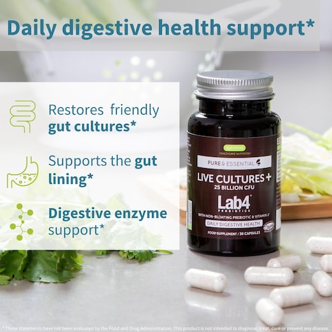 Live Cultures Lab4 Probiotics  Prebiotic Vegan NonGMO Lactobacillus Acidophilus  Bifidobacterium Guaranteed 25 Billion CFU NonBloating Gut Health Support 30 Capsules by Igennus