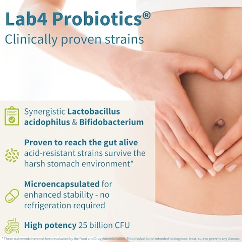 Live Cultures Lab4 Probiotics  Prebiotic Vegan NonGMO Lactobacillus Acidophilus  Bifidobacterium Guaranteed 25 Billion CFU NonBloating Gut Health Support 30 Capsules by Igennus