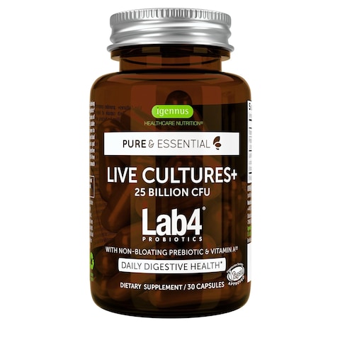 Live Cultures Lab4 Probiotics  Prebiotic Vegan NonGMO Lactobacillus Acidophilus  Bifidobacterium Guaranteed 25 Billion CFU NonBloating Gut Health Support 30 Capsules by Igennus