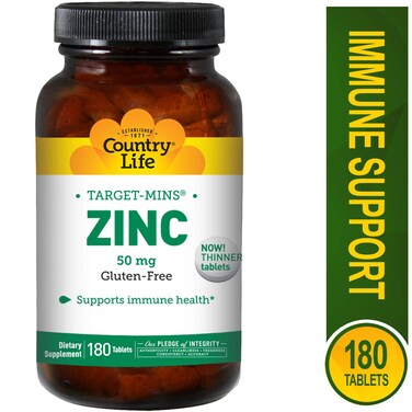 Country LifeZinc 50mg Target Mins 180 Tablets Certified Gluten Free Certified Vegetarian
