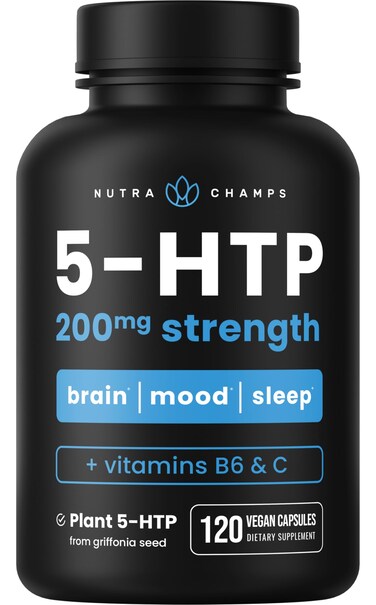 NutraChamps 5HTP 200mg  120 Vegan Capsules  5 HTP Supplement to Support Stress Relief Brain Health Enhanced Mood  Sleep  Pure 5HTP 100mg Pills Plus CoFactors Vitamin B6  Vitamin C
