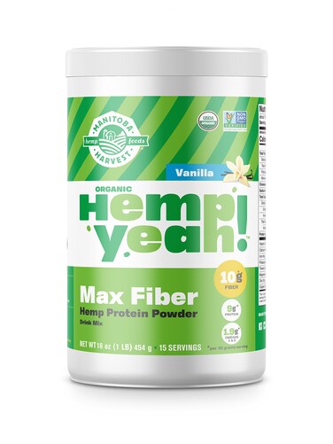 Manitoba HarvestHemp Yeah Organic Max Fiber Protein Powder Vanilla 16oz with 10g of Fiber 9g Protein and 19g Omegas 36 per Serving Preservative Free NonGMO Packaging May Vary