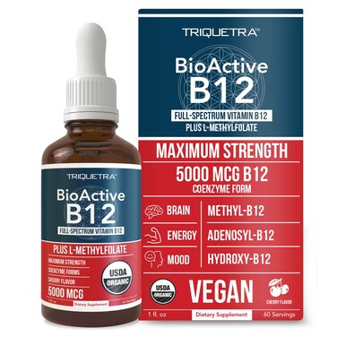 BioActive Vitamin B12 5000 mcg  Contains 3 BioActive B12 Forms Plus Methylfolate Cofactor  Methyl B12 Adenosyl B12  Hydroxy B12  Sublingual Form Cherry Flavor Organic Vegan 60 Servings