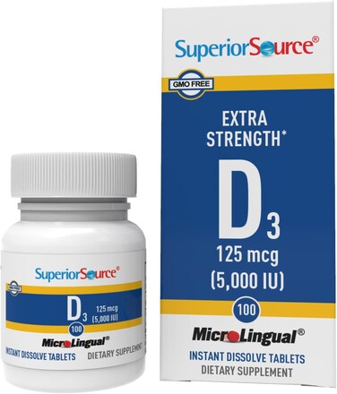Superior Source Vitamin D3 5000 IU Under The Tongue Quick Dissolve MicroLingual Tablets 100 Count Promotes Strong Bones and Teeth Immune Support Healthy Muscle Function NonGMO