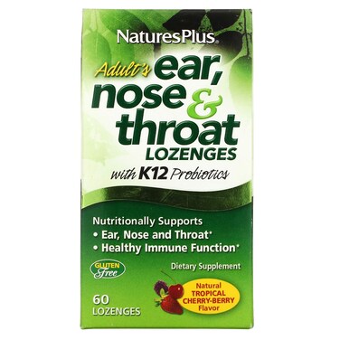 Natures Plus Adults Ear Nose Throat Lozenge with K12 Probiotics  60 Lozenges  Natural Tropical Cherry Berry Flavor  Supports Ear Nose and Throat and Immune Function  GlutenFree  30 Servings