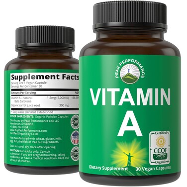 Peak Performance Certified Organic Vitamin A 5000 IU Supplement Capsules High Potency Vitamins Made with Organic Carrot Juice Great for Immune Skin Eye Support Non GMO Vegan Pills Tablets