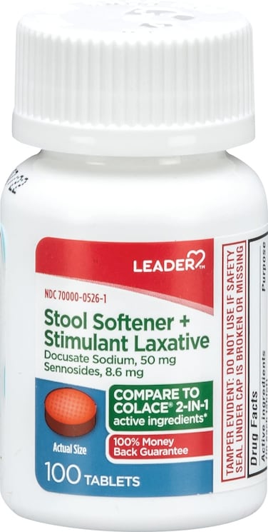 Leader2in1 Stool Softener  Stimulant Laxative Docusate Sodium Stool Softener for Gentle Dependable Constipation Relief 100 Tablets  100mg
