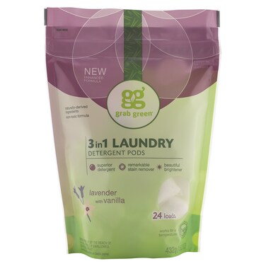 Grab Green3in1 Laundry Detergent Pods 24 Count Lavender Vanilla Scent Plant and Mineral Based Superior Cleaning Power Stain Remover Brightens Clothes