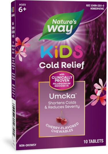 Natures WayCold Relief for Kids 6 Umcka Shortens Duration  Reduces Severity MultiSymptom Cold Relief Homeopathic Phenylephrine Free Cherry Flavored 10 Chewable Tablets Packaging May Vary