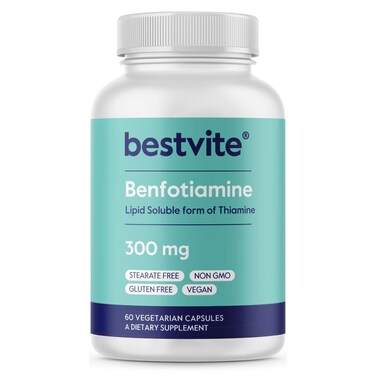 BESTVITE Benfotiamine 300mg 60 Vegetarian Capsules No Stearates  No Silicon Dioxide  Vegan  Non GMO  Gluten Free