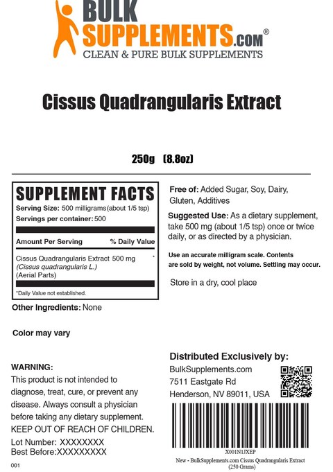 BulkSupplementscom Cissus Quadrangularis Extract Powder  Cissus Quadrangularis Supplement Cissus Powder  Herbal Supplement Gluten Free 500mg per Serving 250g 88 oz Pack of 1