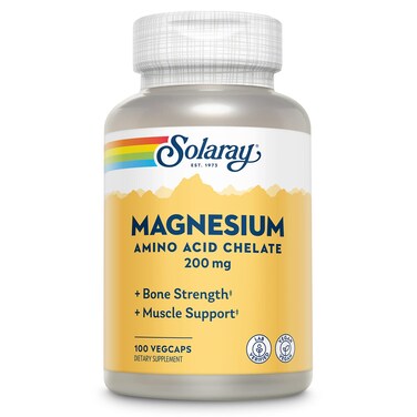 SOLARAYMagnesium Amino Acid Chelate 200 mg Chelated Magnesium Supplement for Bone Health Heart Health and Muscle Function Support Vegan 60Day Money Back Guarantee 100 Servings 100 VegCaps