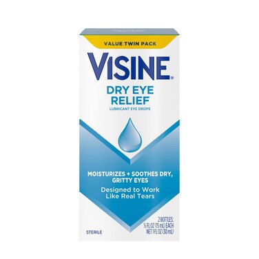 Visine Dry Eye Relief Lubricant Eye Drops to Moisturize and Soothe Irritated Gritty and Dry Eyes Designed to Work Like Real Tears Polyethylene Glycol 400 Twin Pack 2 x 05 fl oz