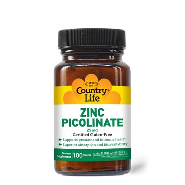 Country Life Zinc Picolinate 25mg Skincare Prostate and Immune Health 100 Vegan Capsules Certified Gluten Free Certified Vegan Certified Halal