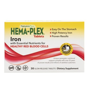 NaturesPlus HemaPlex Iron  30 SlowRelease Tablets  85 mg Chelated Iron  Total Blood Health  with Vitamin C  Bioflavonoids  Non GMO Vegetarian  Gluten Free  30 Servings