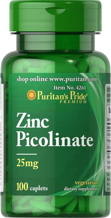Puritans Pride Zinc Picolinate 25 Mg to Support Immune System Health Caplets White 100 Count