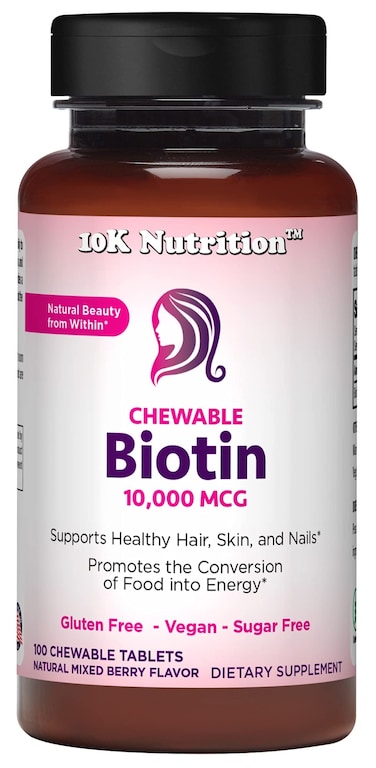 Vegan Chewable Biotin 10000mcg  Natural Mixed Berry Flavor  100 Chewable Tablets  Supports Healthy Hair Skin  Nails  NonGMO  Gluten Free  Sugar Free