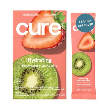 Cure Hydration  PlantBased Electrolyte Drink Mix  No Added Sugar  Dehydration Relief Powder Made with Coconut Water  NonGMO  Vegan  FSA  HSA  Box of 8 Packets  Strawberry Kiwi