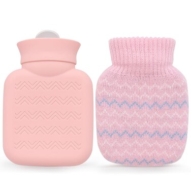 320ml Hot Water Bottle with Knited Cover Mini Hot Water Bag for Pain Relief Waist Back Neck Shoulders Small Leak Proof Hot Water Bottle with Removable Cover for Women Kids Best Gifts