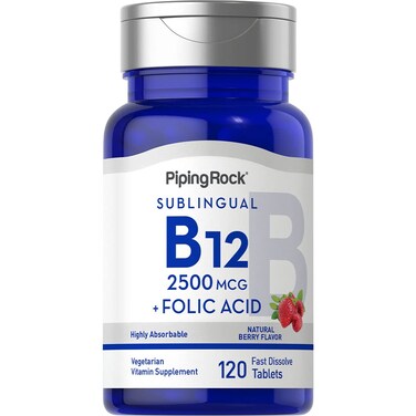 Piping RockVitamin B12 Sublingual 2500 mcg  120 Tablets  Berry Flavor  with Folic Acid  Vegetarian NonGMO Gluten Free Supplement
