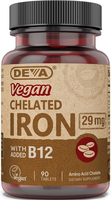 Deva Nutrition Vegan Chelated Iron 29 mg Fortified with B12  High Potency Easy to Swallow  90 Tablets 1Pack