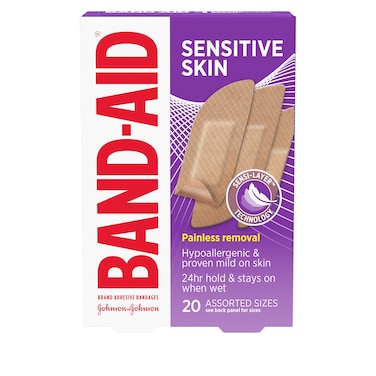 BandAidBrand Adhesive Bandages for Sensitive Skin Hypoallergenic First Aid Bandages with Painless Removal Stays on When Wet  Suitable for Eczema Prone Skin Sterile Assorted 20 ct