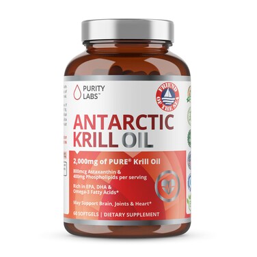 Purity Labs Antarctic Krill Oil 2000mg Omega3 with Astaxanthin 800mcg Supplements to Support Memory Heart Brain Health  Rich in Omega 3 Fatty Acids DHA EPA  Phospholipids  60 Softgels