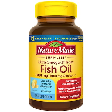 Nature Made Burp Less Ultra Omega 3 Fish Oil 1400 mg Fish Oil Supplements Omega 3 Supplement for Healthy Heart Brain and Eyes Support One Per Day 45 Softgels