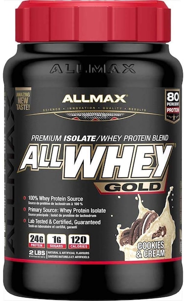 ALLMAX NutritionGold ALLWHEY Cookies  Cream  2 lb  24 Grams of Protein Per Scoop  Gluten Free Low Carb  Low Sugar  Approx 30 Servings