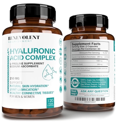 Hyaluronic Acid Supplements 250mg with 200mg Vitamin C 1000mg LProline  AntiAging Benefits Hyaluronic Acid Capsules for Youthful Skin Joints  Connective Tissue Health  120 Capsules