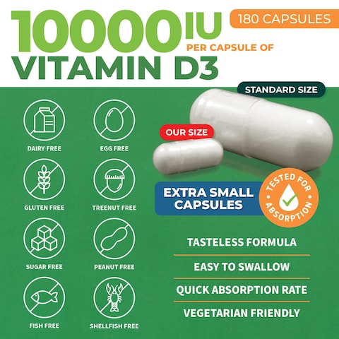 ForestLeaf Vitamin D3 10000IU  Bone Health and Immune Support  Small Easy to Swallow Capsules  NonGMO Gluten Free VIT D  VIT D3 Vitamin D Supplements for Women and Men 180 Count