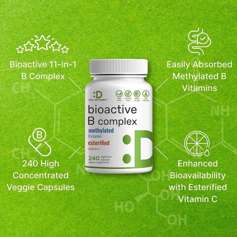 Bioactive Vitamin B Complex 240 Veggie Capsules  Methylated Multivitamin B Complex  Esterified Vitamin C  High Potency  Easy Absorption  Immune Energy  Metabolism Supplement  NonGMO