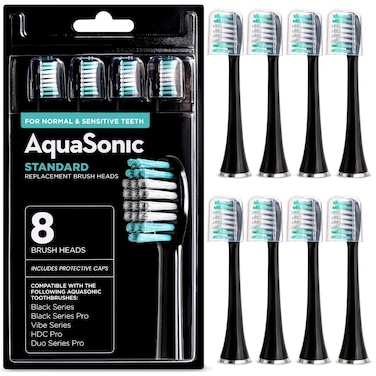 AquasonicStandard Replacement Brush Heads  for Normal  Sensitive Teeth  Compatible with Many AquaSonic Toothbrush Handles 8 Pack Black