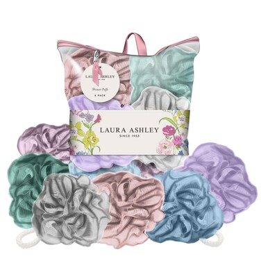 Laura Ashley 6 Pack Loofah Shower Poufs Exfoliating Cleansing Body Scrubbers for Shower in Washable Zip Up Bag
