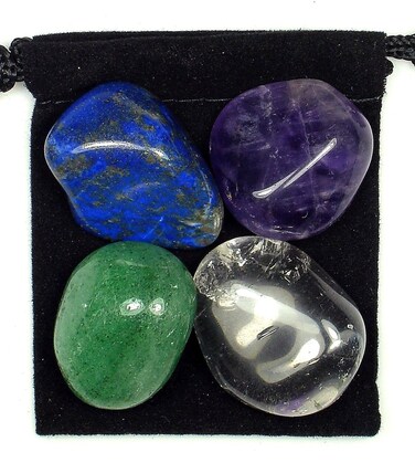 HEADACHE MIGRAINE RELIEF Professionally Selected Tumbled Crystal Healing Set with Pouch Description Card Amethyst Aventurine Clear Quartz Dumortierite Genuine Gemstones