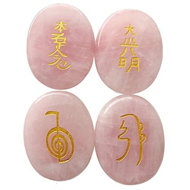 Loveliome 4 Pcs Rose Quartz Engraved Chakra Stones Healing Crystal Reiki Balancing Palm Stone 45mm