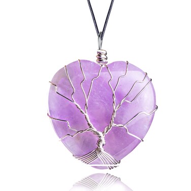 Natural Healing Crystal Necklace  Real Amethyst Crystals Necklaces Wire Wrapped Tree of Life Heart Love Shaped Crystal Pendant Necklace for Women