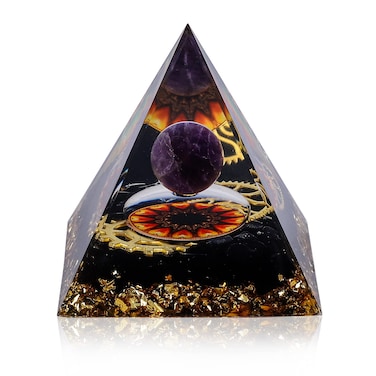 Orgone Pyramid for Positive Energy Amethyst Crystal Ball Handmade Pyramid Protection Crystals Energy Generator for Stress Reduce Healing Meditation Attract Wealth Lucky BlackFlower of Life