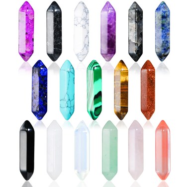 17Pcs Healing Crystals Stones Sets Hexagonal Bullet Shaped Reiki Meditation Gemstone Chakra Stones Tiger Eye Obsidian Quartz Crystals Gemstone Wand Set Pendants with Storage Box