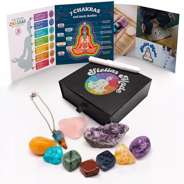 Chakra Stones Crystal Set  Includes 7 Cluster Healing Stones 3 Crystals and a Pendulum  for Meditation Yoga Energy Healing and More  Crystal Kit Includes Display Box and Chakra Crystals Guide
