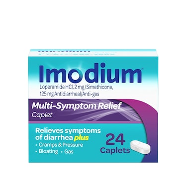 Imodium MultiSymptom Relief Caplets with Loperamide Hydrochloride and Simethicone AntiDiarrheal Medicine for Treatment of Diarrhea Gas Bloating Cramps  Pressure 24 ct