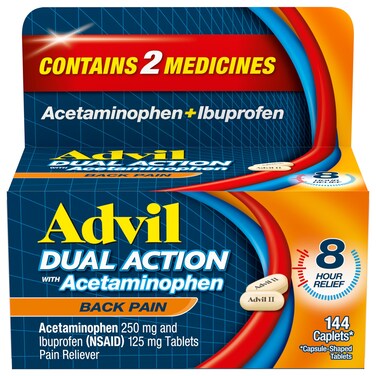 Advil Dual Action Back Pain Caplets Delivers 250mg Ibuprofen and 500mg Acetaminophen Per Dose for 8 Hours of Back Pain Relief  144 Count