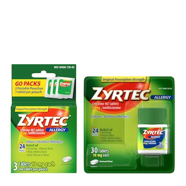 Zyrtec 24 Hour Allergy Relief Tablets Indoor  Outdoor Allergy Medicine with 10 mg Cetirizine HCl Antihistamine for Allergies Bundle of one 30 ct Bottle  Three1 ct Travel Packs