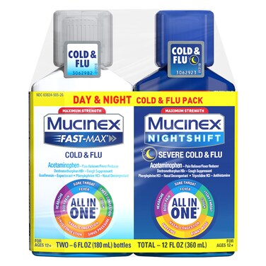 Mucinex FastMax Cold and Flu  Nightshift Severe Cold and Flu Medicine for Adults OvertheCounter Medication Combo Pack for Sore Throat Relief Decongestant Cough  Cold Medicines 2 x 6 Fl Oz