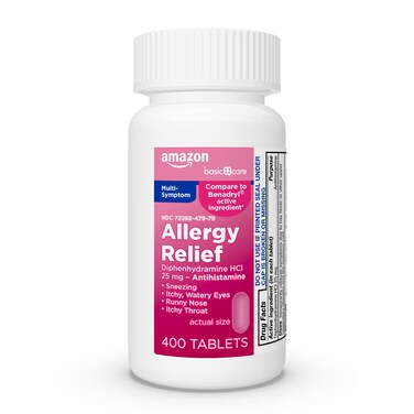 Amazon Basic Care Complete Allergy Relief Diphenhydramine HCl 25 mg Relieves Symptoms Antihistamine Tablets 400 Count