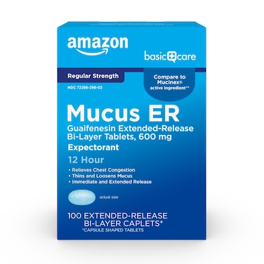 Amazon Basic Care Guaifenesin Cough and Mucus Relief ExtendedRelease Tablets 600 mg 12 Hour Expectorant Caplet 100 Count