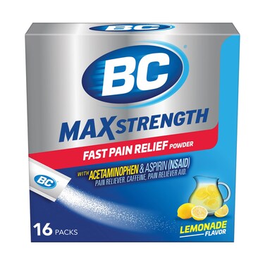 BC MAX Strength Fast Pain Relief Powder Lemonade Flavor Aspirin 500mg and Acetaminophen 500mg Dissolve Packs 16 Count